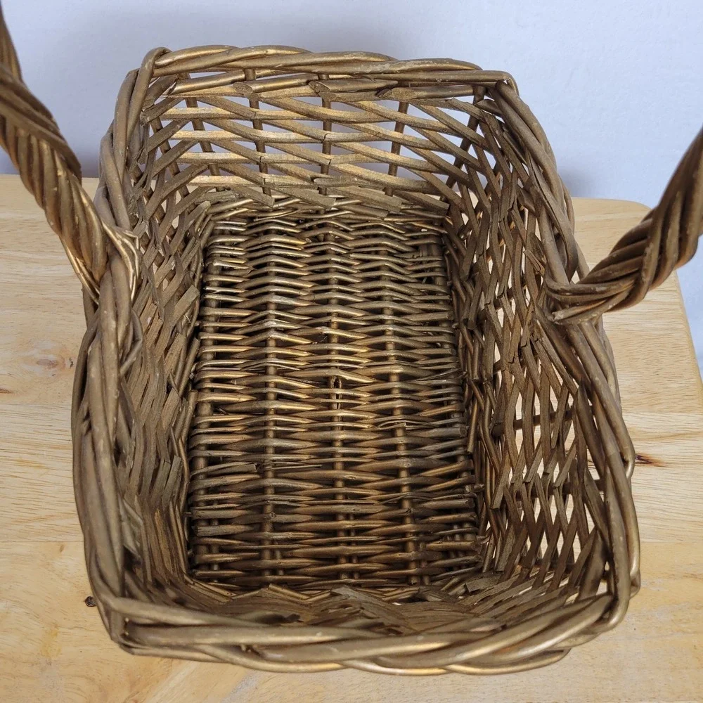 Gold Painted Wicker Flower Basket Vintage Gathering Woven Basket With Handle